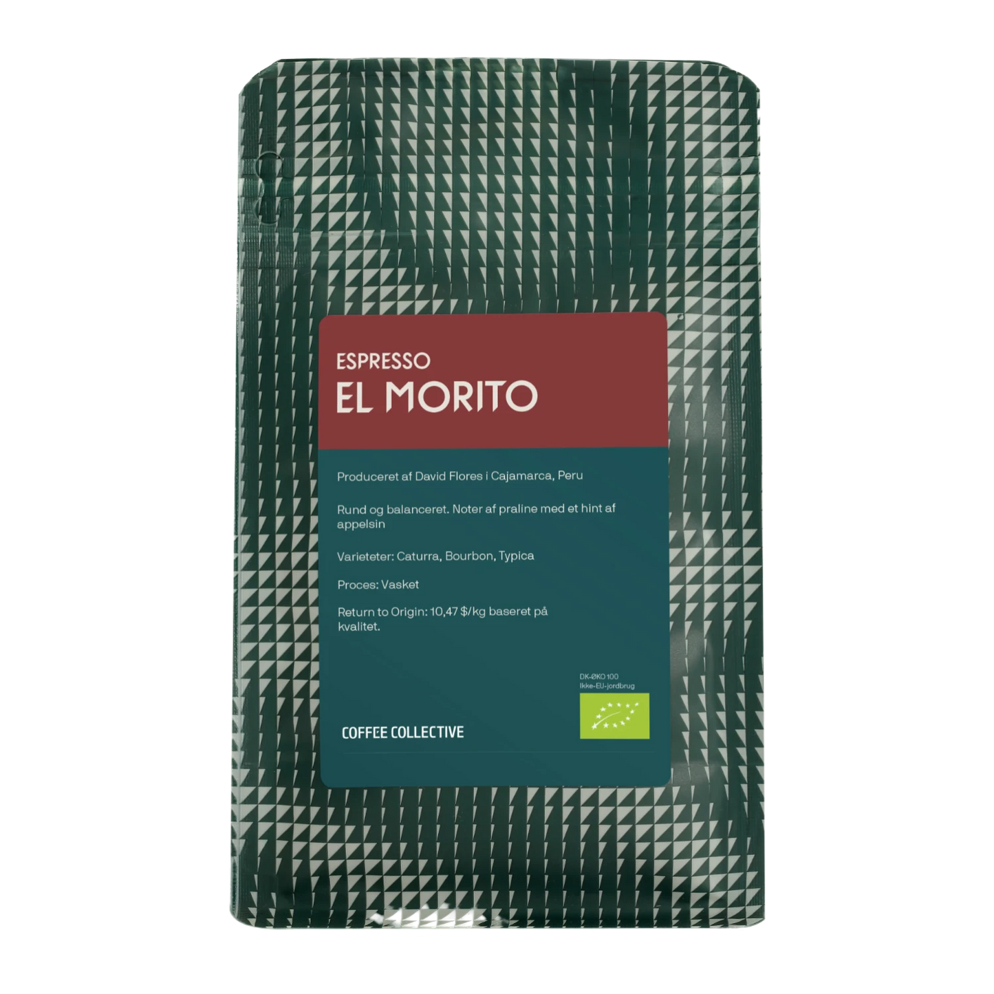En påse Coffee Collective "Espresso El Morito" kaffe från Cajamarca, Peru, i en mörkgrön geometriskt mönstrad påse med ljusgrön etikett.