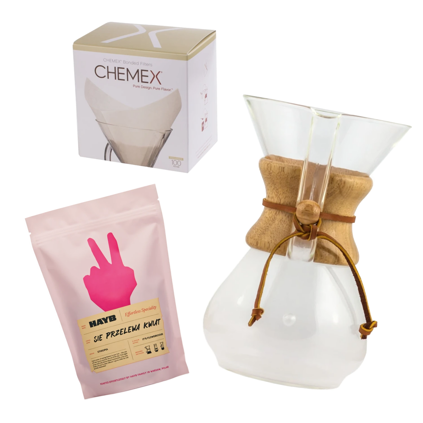Chemex kaffebryggare med en filterbox och rosa kaffepåse på vit bakgrund
