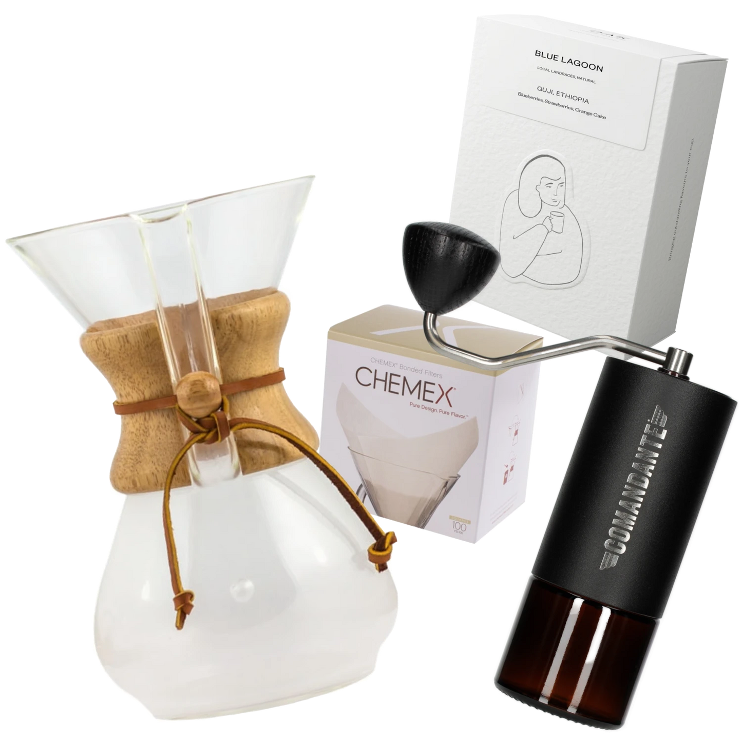 Chemex coffee maker with a filters box, DAK coffee bag and Commandante coffee grinder on a white background