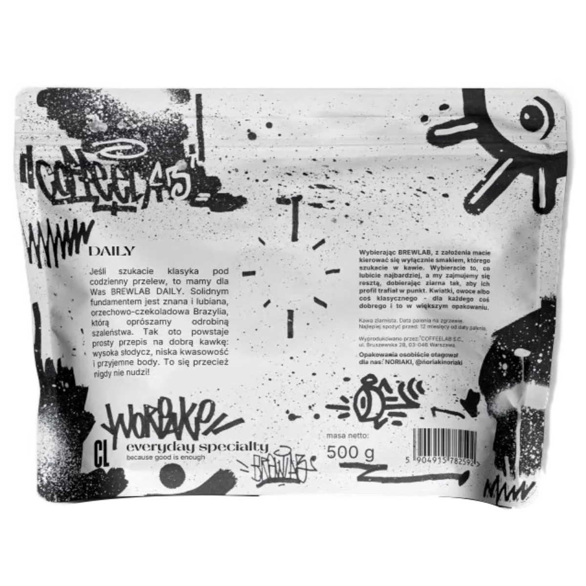 The back of a 500g bag of Brewlab DAILY everyday specialty coffee, featuring black graffiti-style graphics and text on a white background.
