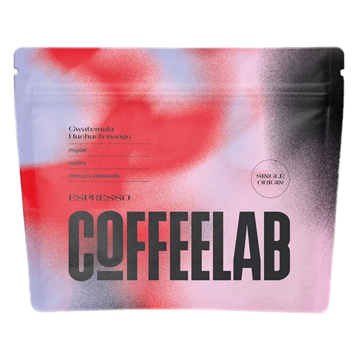 CoffeeLab Gwatemala Huehuetenango packaging with colorful gradient background