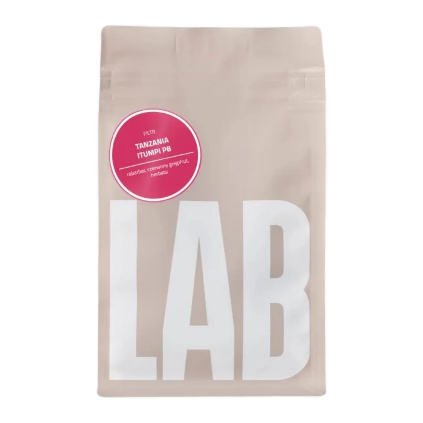 Beige CoffeeLab bag Tanzania Itumpi PB with large white LAB text and pink sticker