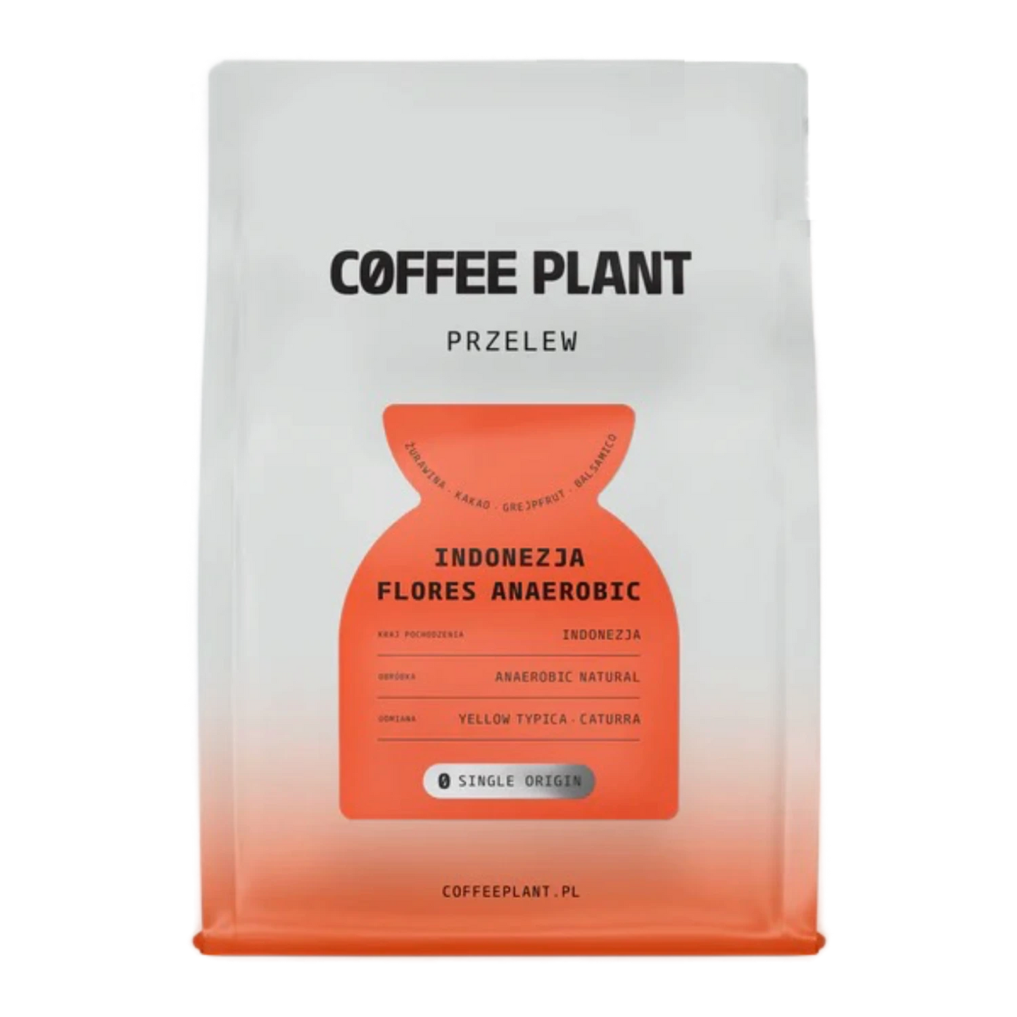Coffee package with 'Coffee Plant Single Origin Edition Indonesia Flores Anaerobic' branding and an orange label on a white background