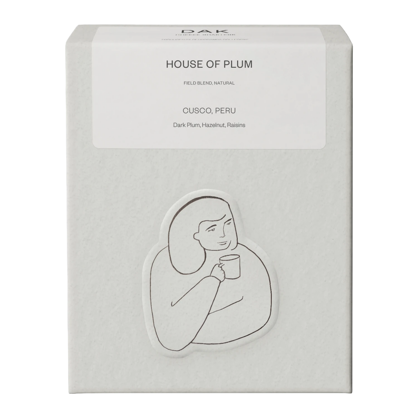 White box of DAK Coffee Roasters Peru House of Plum Filter Whole Beans with black on white drawing of a person