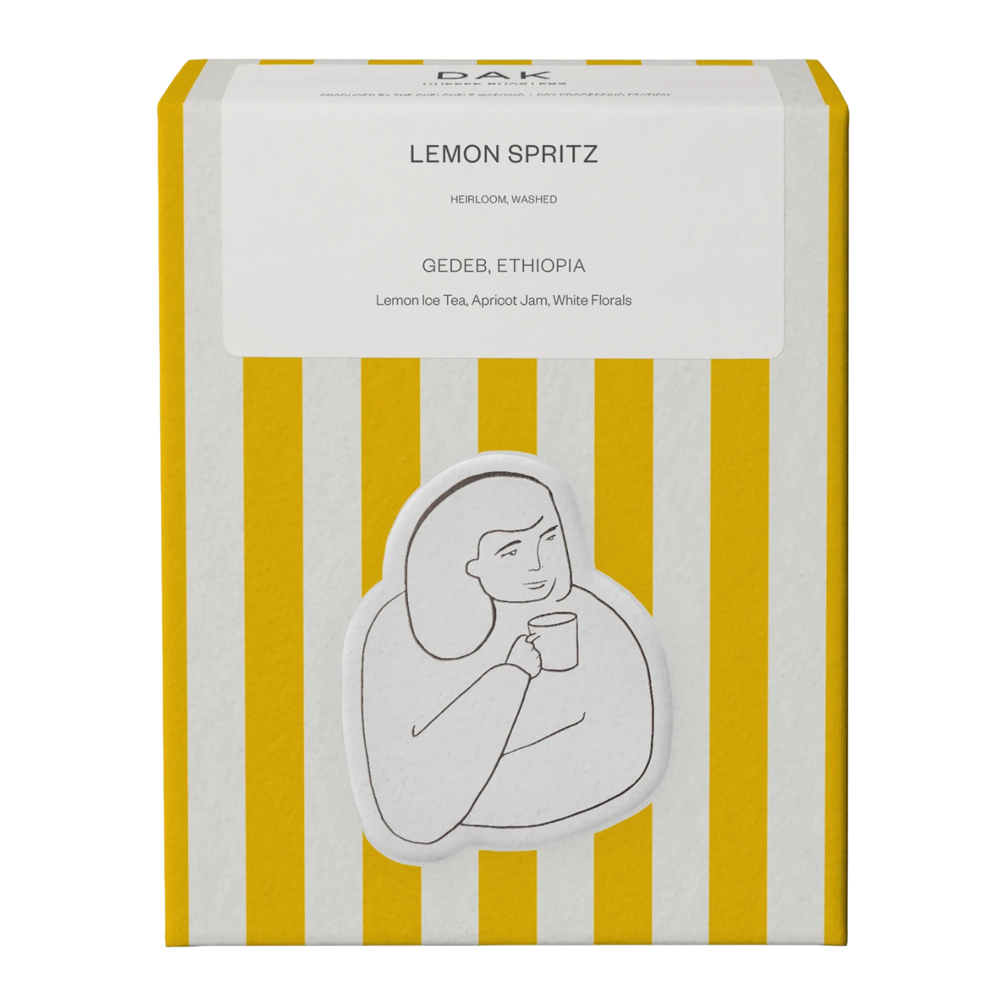 Yellow and white box of DAK Coffee Roasters Colombia Lemon Spritz Filter Whole Beans with gold on green drawing of a person