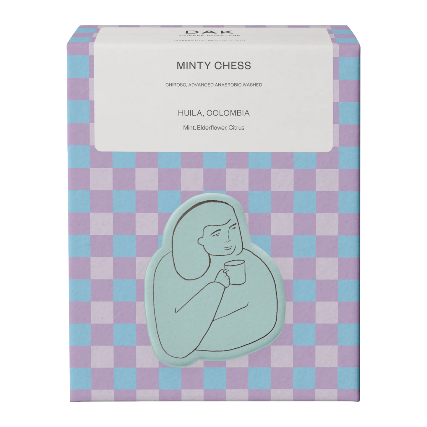 Schackrutig låda DAK Coffee Roasters Colombia ”Minty Chess” med teckning av en person.