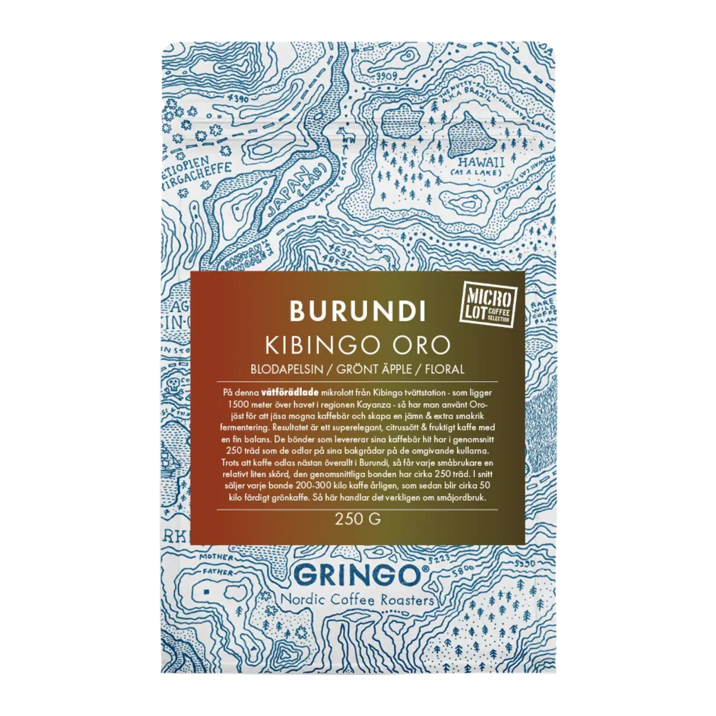 En 250g påse Burundi Kibingo Oro kaffe med en blåvit topografisk kartdesign och en livfull brun-grön gradientetikett med smaknoter av blodapelsin, grönt äpple och blommor.