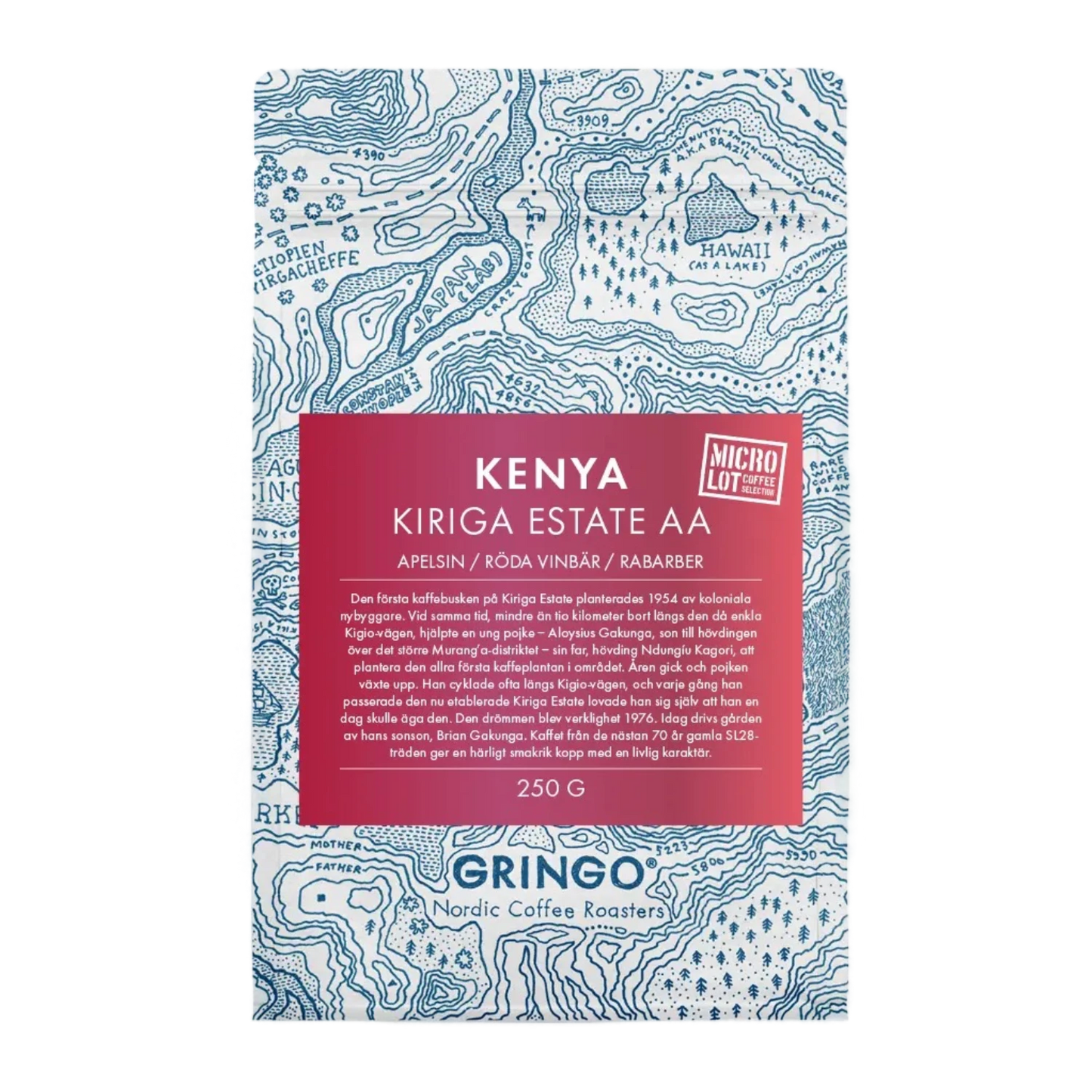 A 250g bag of Kenya Kiriga Estate AA coffee. The bag features a blue and white topographic map design with a vibrant red gradient label.