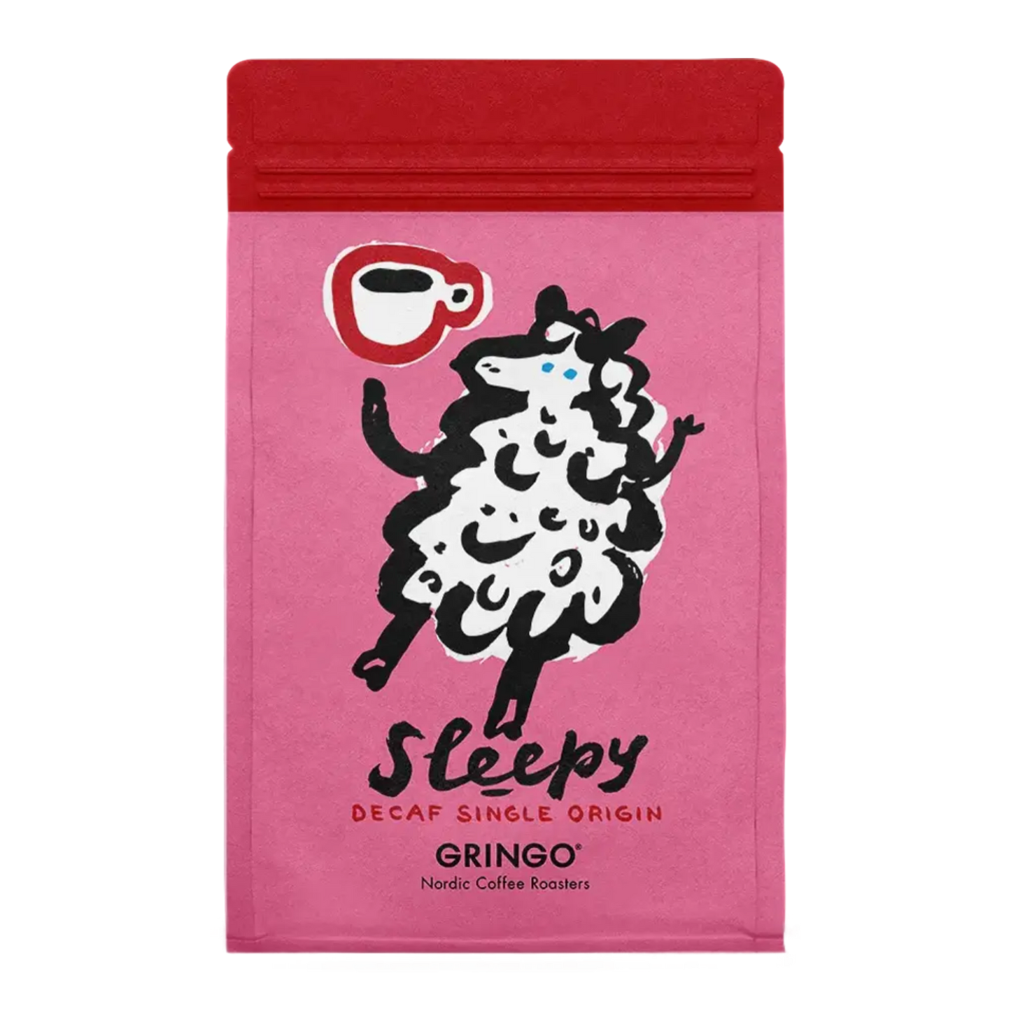 A bright pink coffee bag for "Sleepy" Decaf Single Origin by Gringo Nordic Coffee Roasters. It features a whimsical illustration of a white sheep holding a red coffee cup.