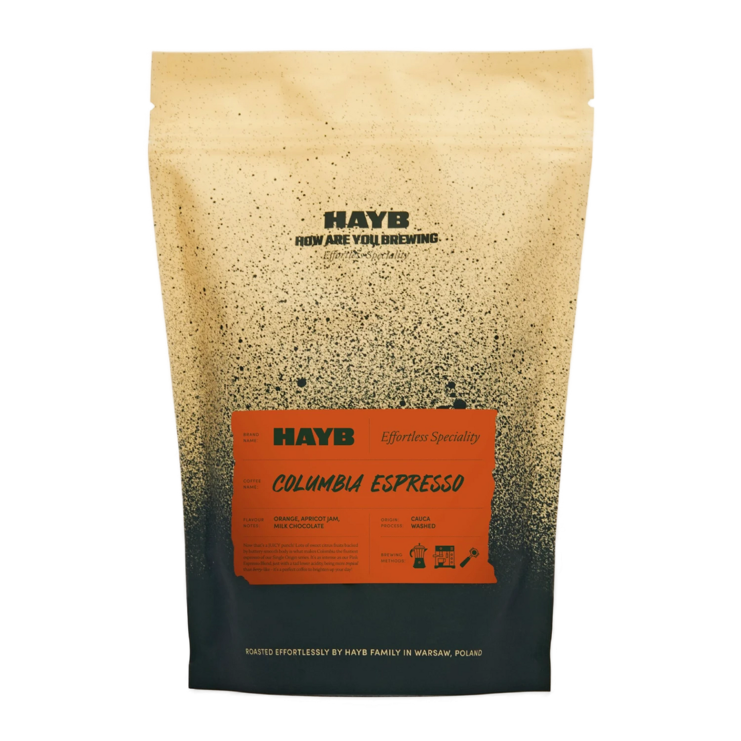 Specialkaffe – HAYB Colombia Espresso, 250g – framsidan av förpackningen.