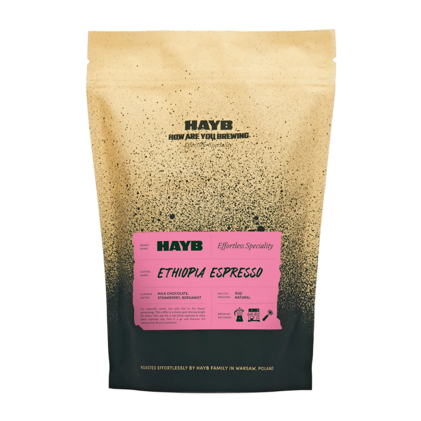 Specialkaffe – HAYB Ethiopia Espresso, 250g – framsidan av förpackningen.