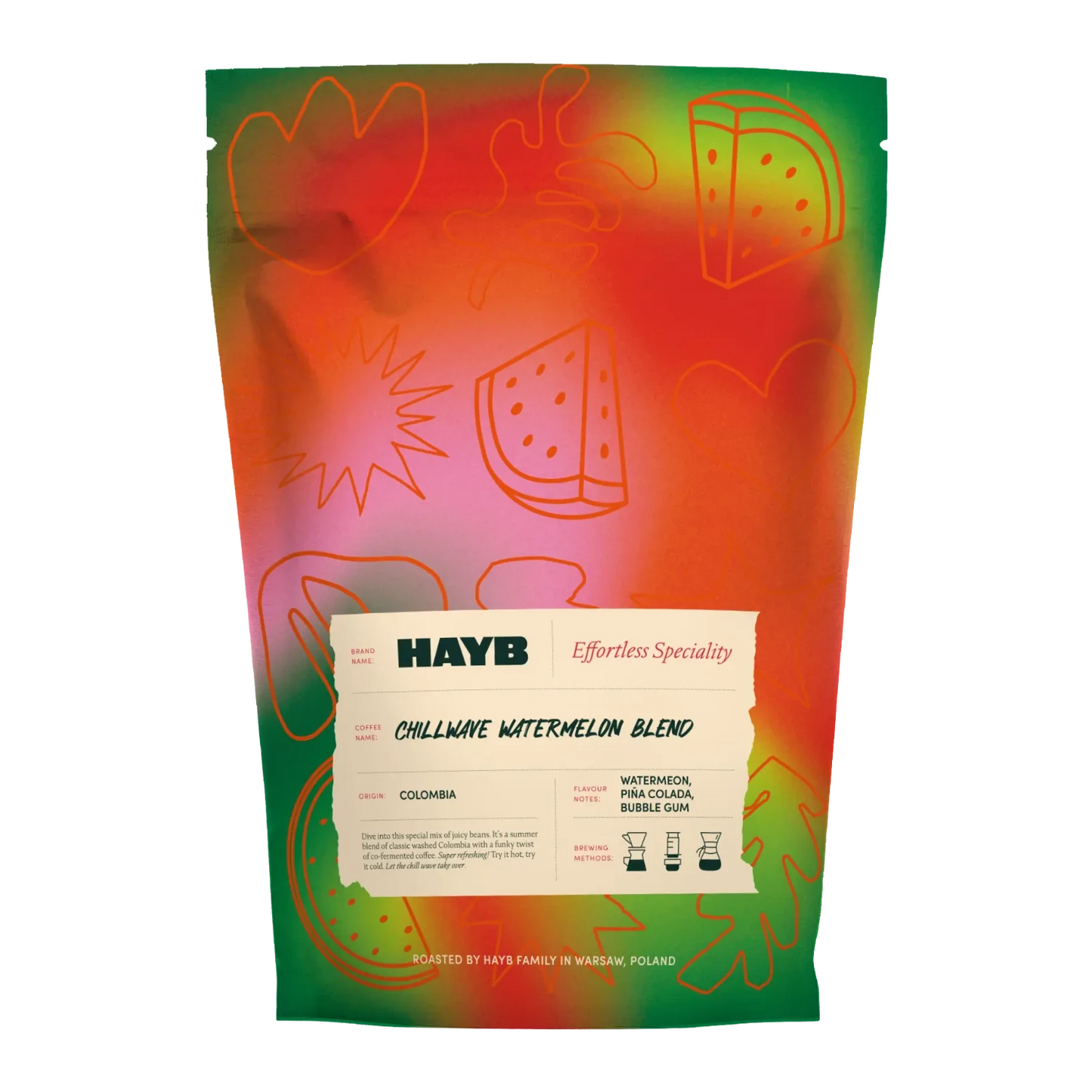 Hayb Chillwave Watermelon Blend coffee blend packaging with colorful design and text