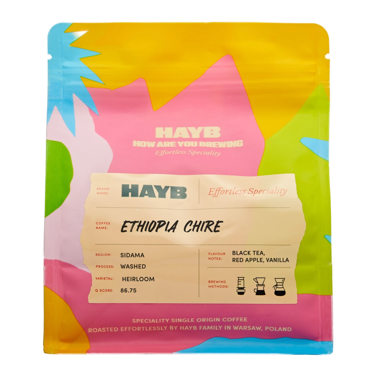 Colorful coffee package with 'HAYB' branding and coffee details on a white background