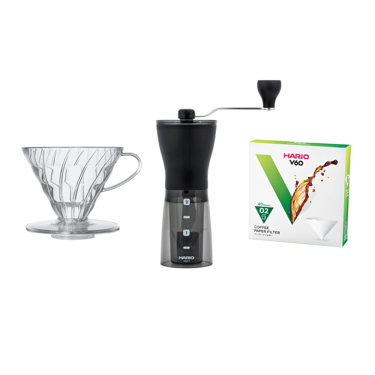 Hario coffee brewing set with grinder, filter, and Hario V60-02 filters on a white background