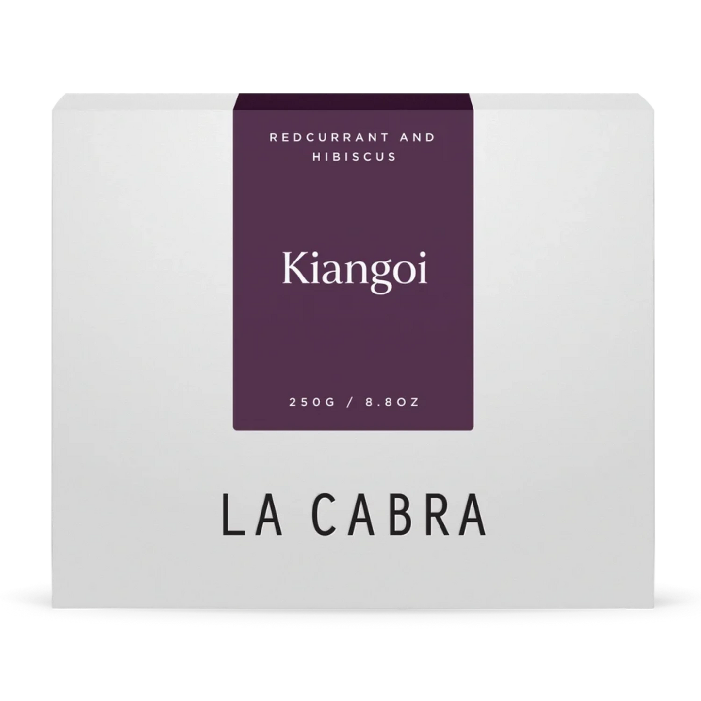 La Cabra "Kiangoi" coffee packaging with a white background and a purple label