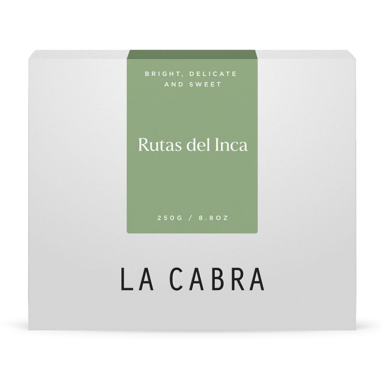 La Cabra "Rutas del Inca" kaffeförpackning med vit bakgrund och matchagrön etikett.