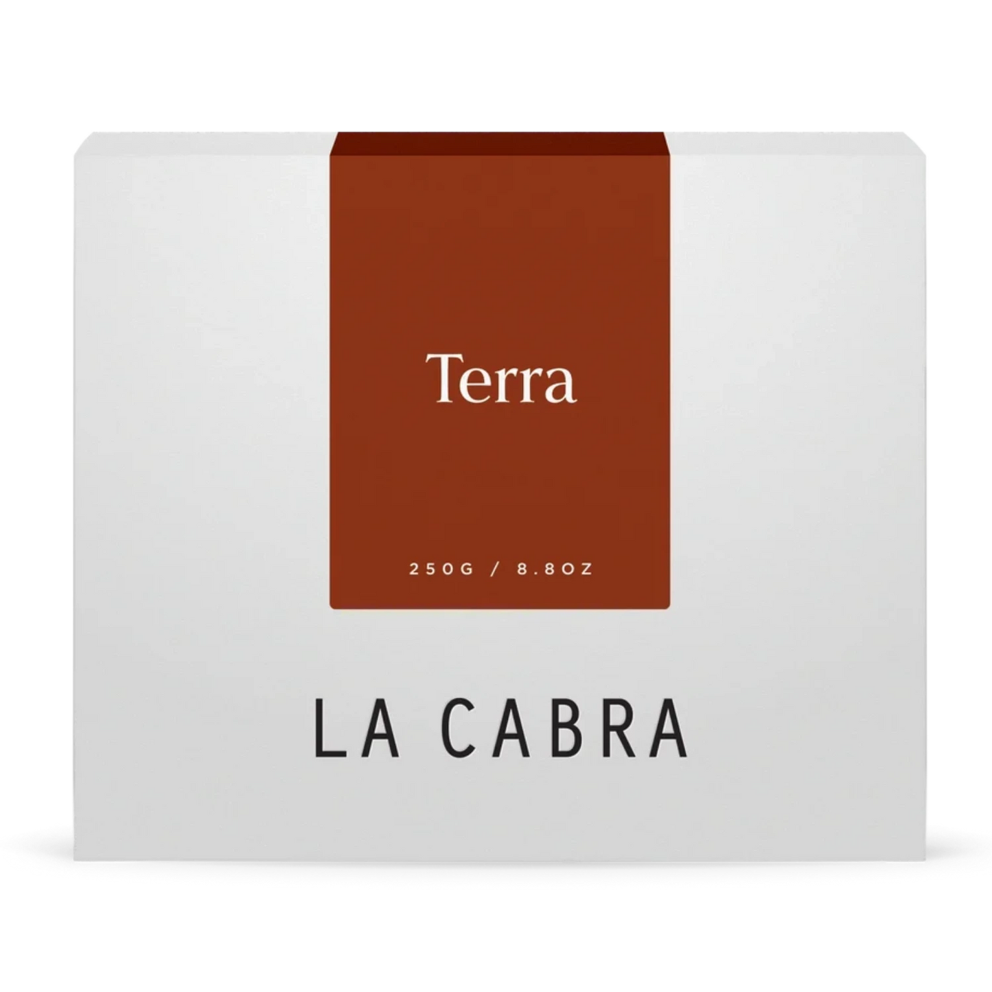 La Cabra "Terra" coffee packaging with a white background and a dark orange label