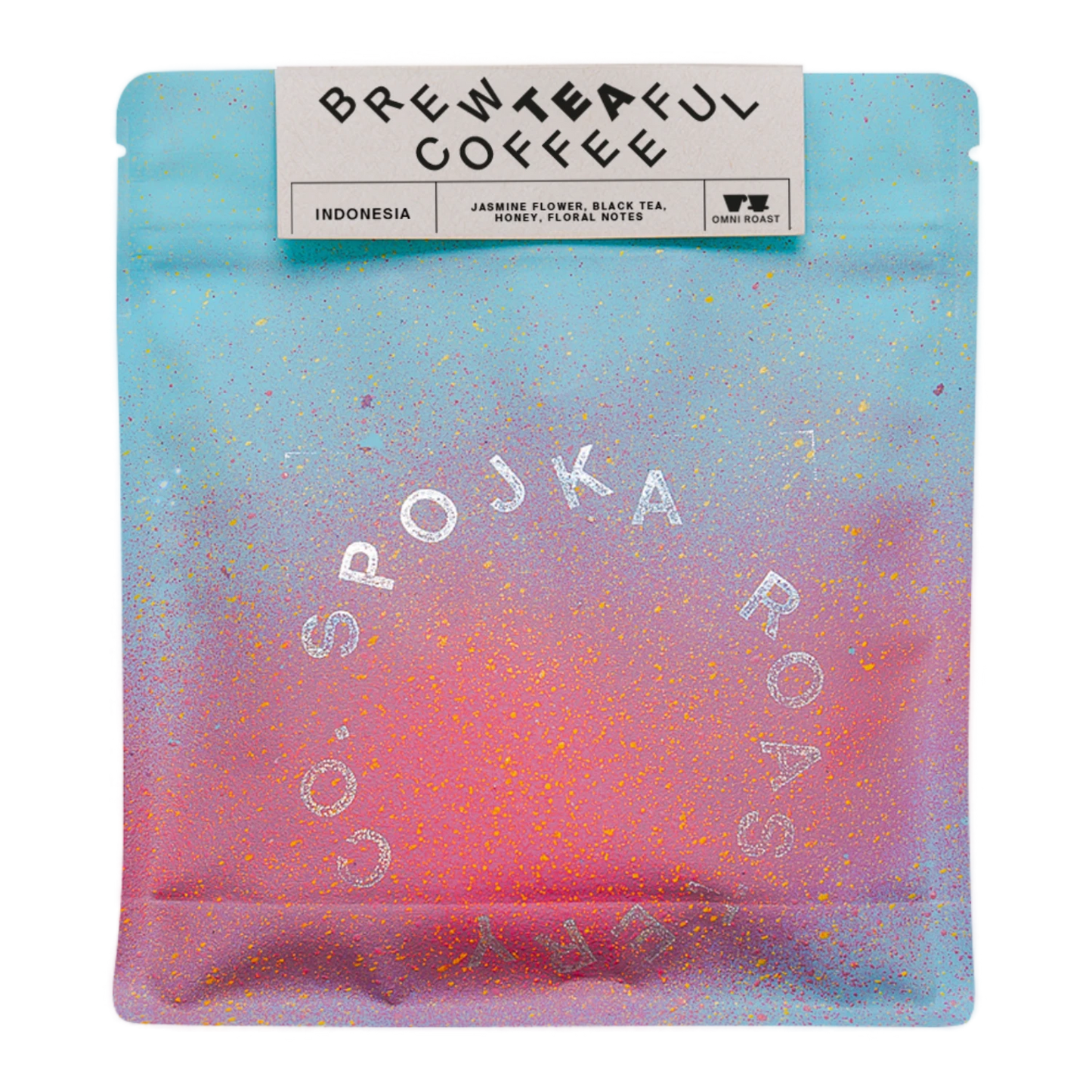 Packaged coffee with 'BREWTEAFUL COFFEE' and 'SPOJKA ROASTERY' branding on a gradient background