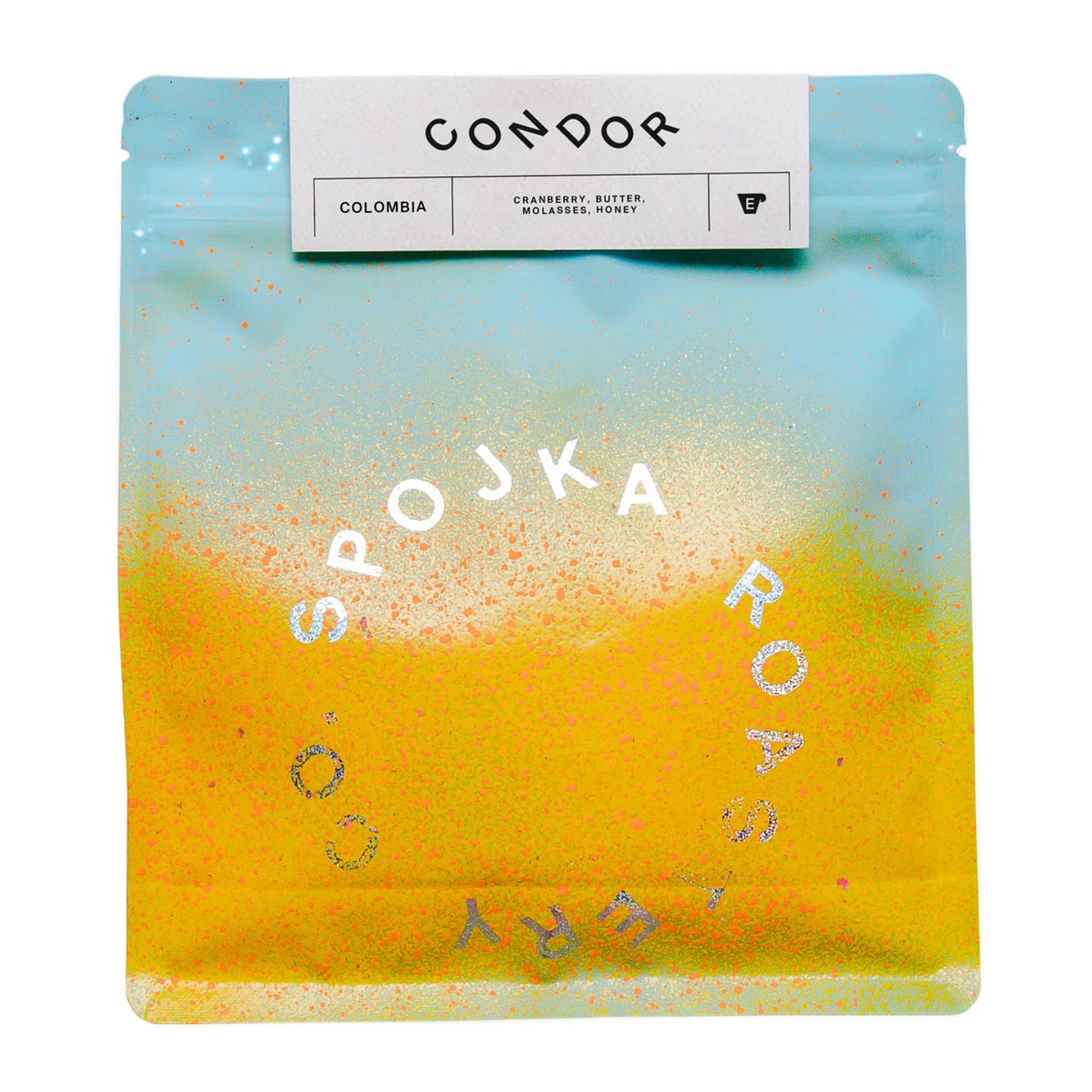 Spojka Roastery kaffeförpackning med gradientdesign och synlig logotyp på vit bakgrund.