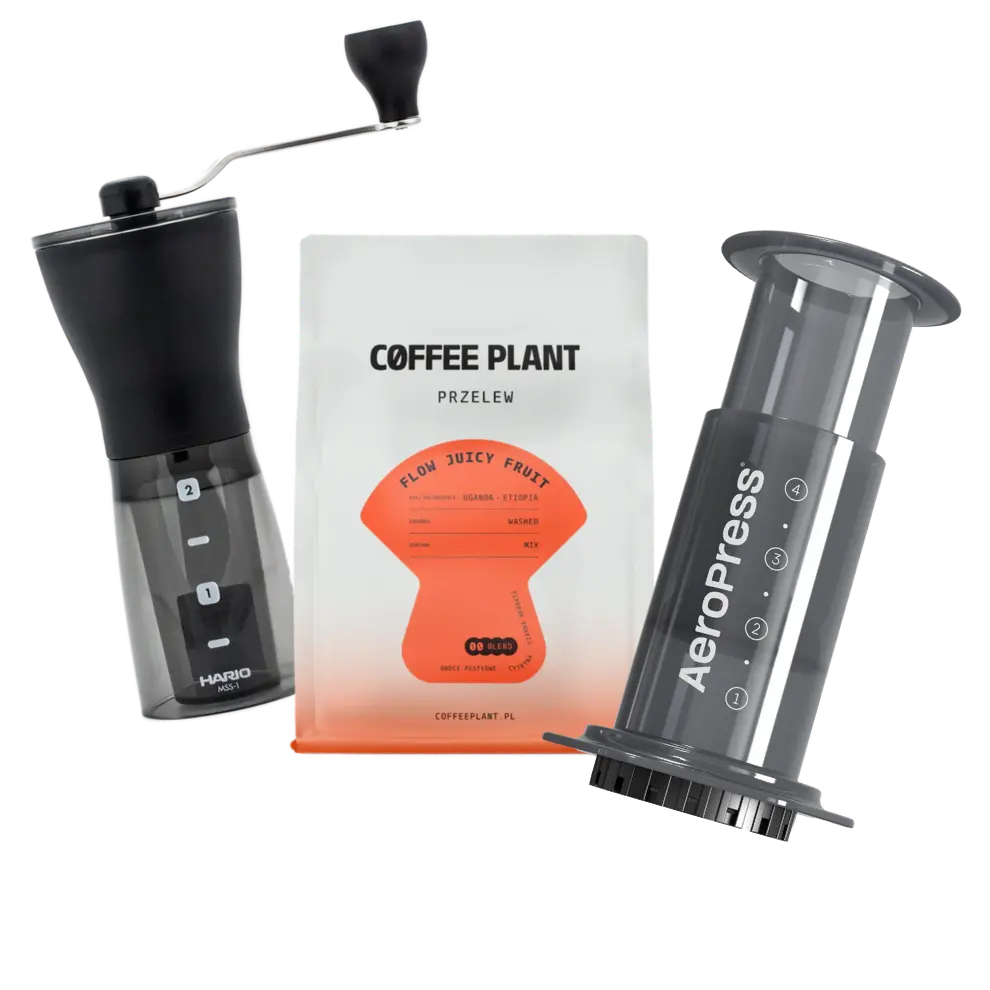 Hario coffee grinder, Coffee Plant package, and AeroPress Original on a white background