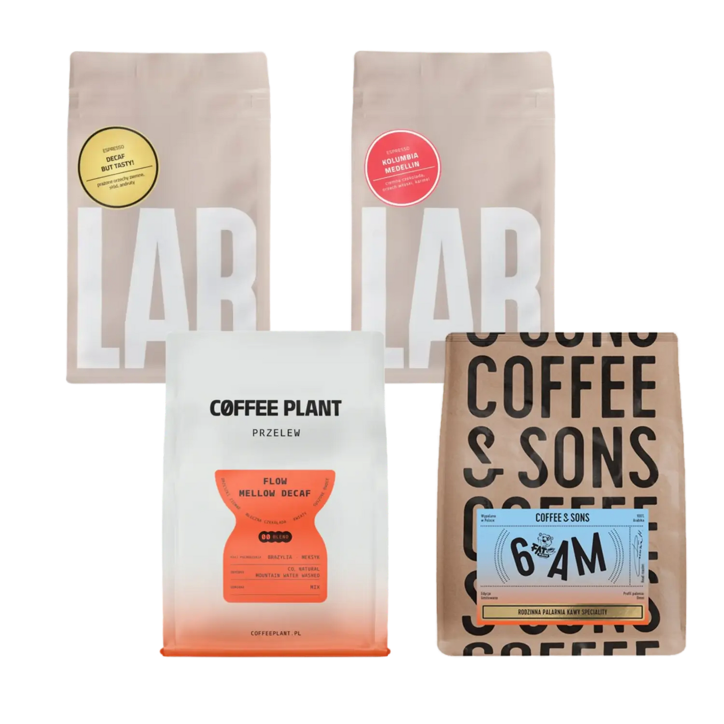 Four coffee packages from different brands on a white background