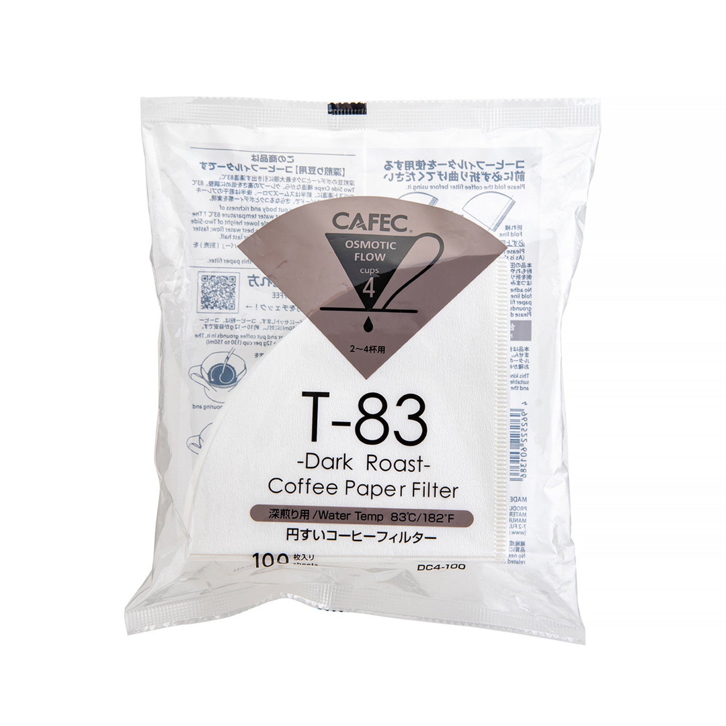 Förpackning med Cafec T-83 pappersfilter för mörkrost kaffe på vit bakgrund.