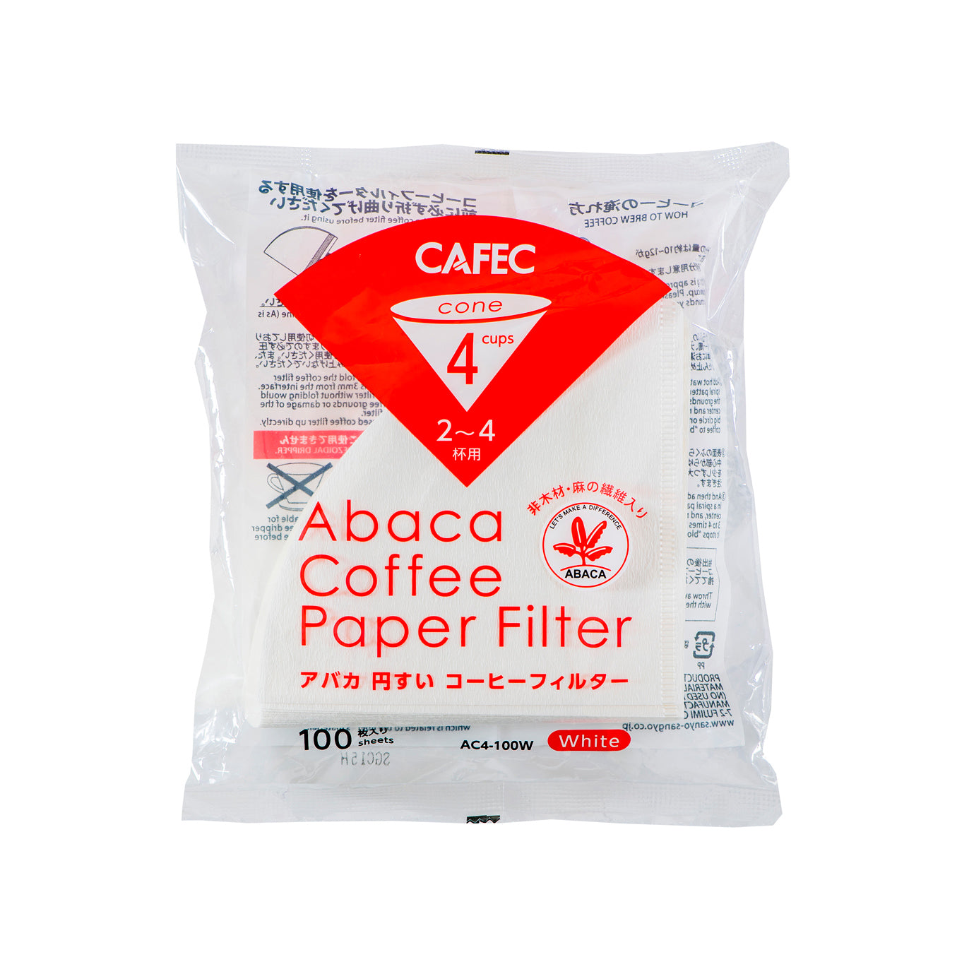 Förpackning med Cafec Abaca koniska pappersfilter för kaffe på vit bakgrund.