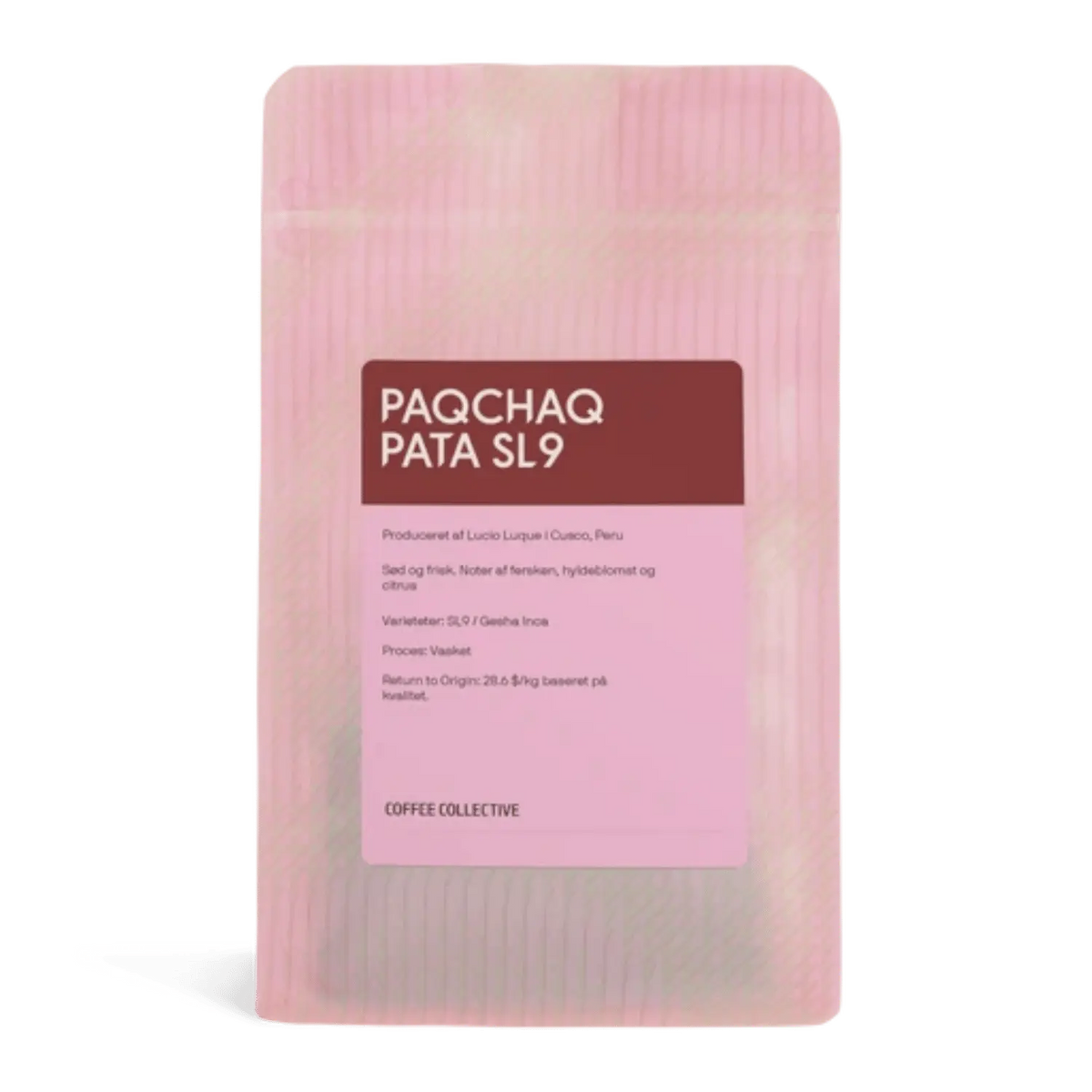A pink resealable stand-up pouch of coffee with a dark brown label reading 'PAQCHAQ PATA SL9' and smaller text below.