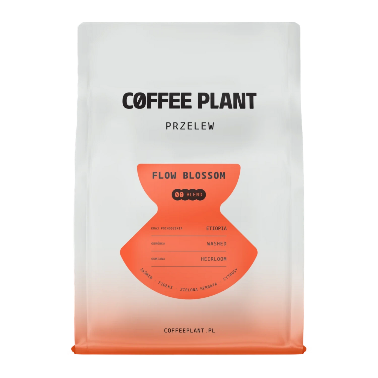 Kaffepaket med Coffee Plant "Flow Blossom"-design och en orange etikett på vit bakgrund