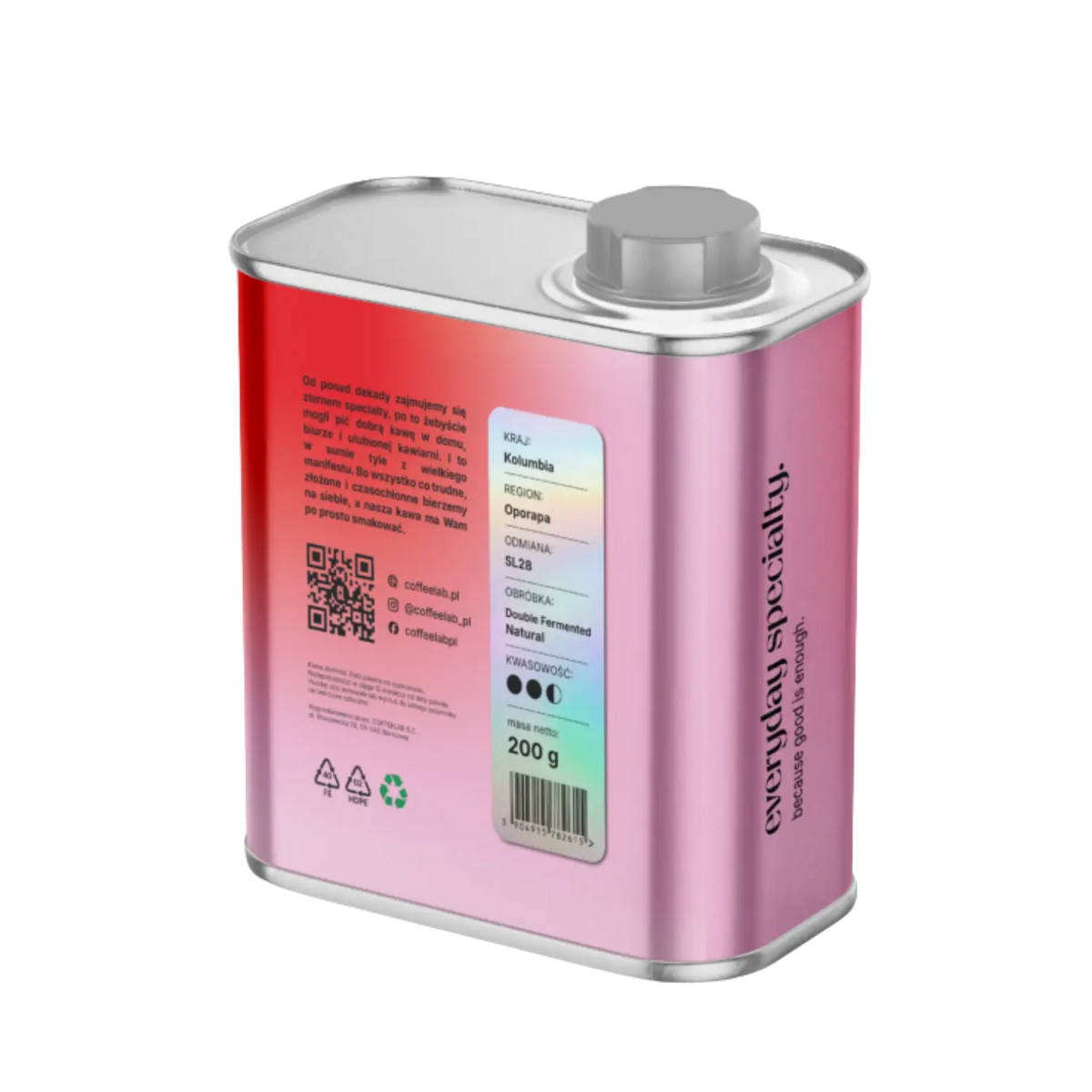 Side perspective of Colombia Finca Quebraditas SL28 coffee tin in gradient pink packaging, featuring Oporapa region details and 200g net weight