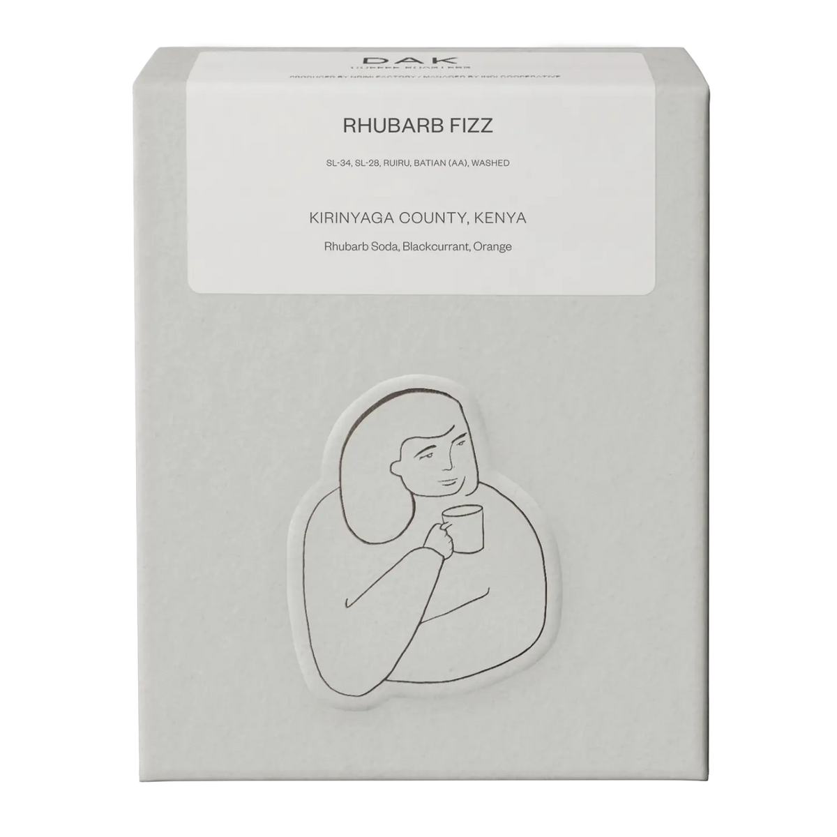 White box of DAK Coffee Roasters Rhubarb Fizz Filter Whole Beans with black on white drawing of a person