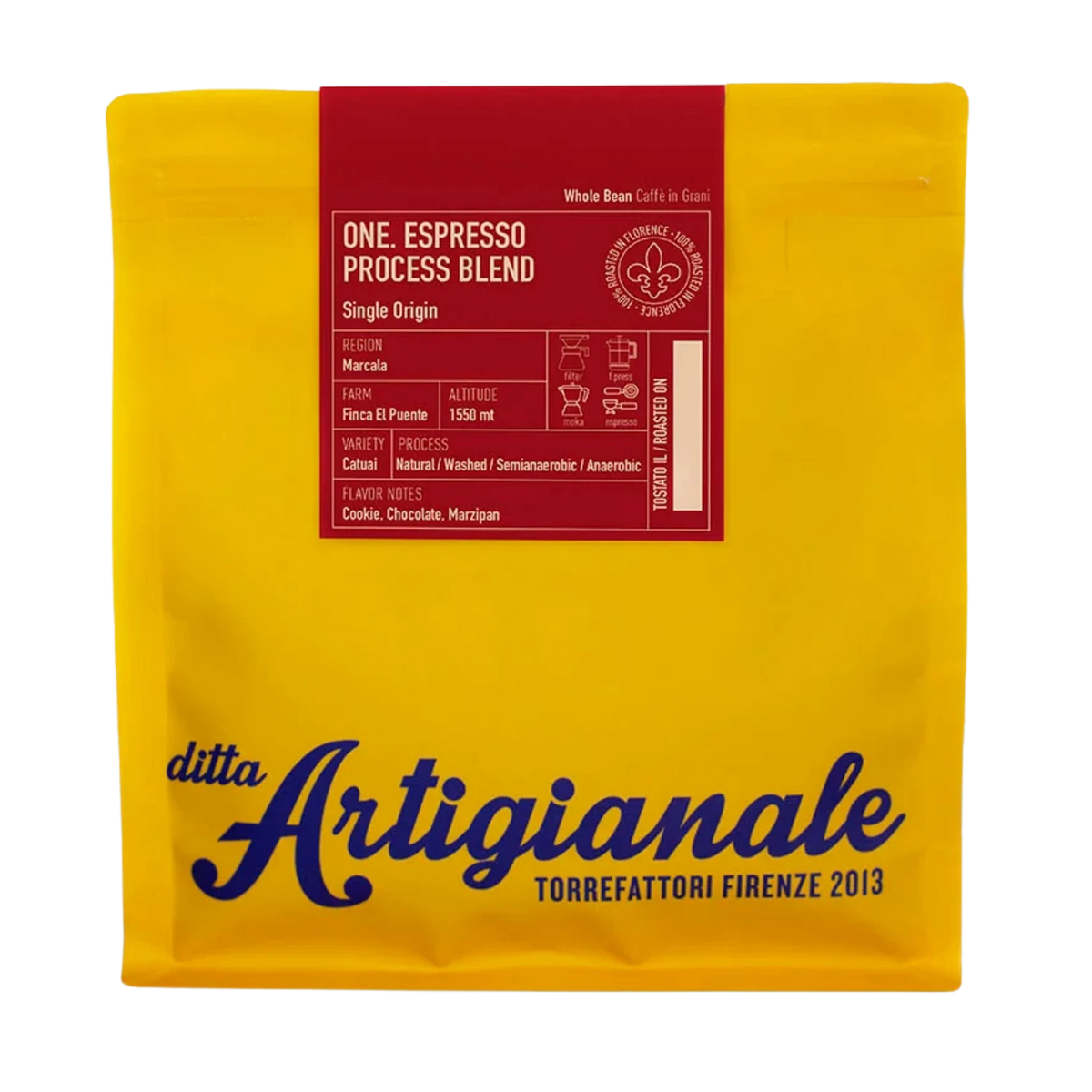 A yellow coffee bag with a red label at the top and large blue 'ditta Artigianale' branding near the bottom, photographed on a white background.