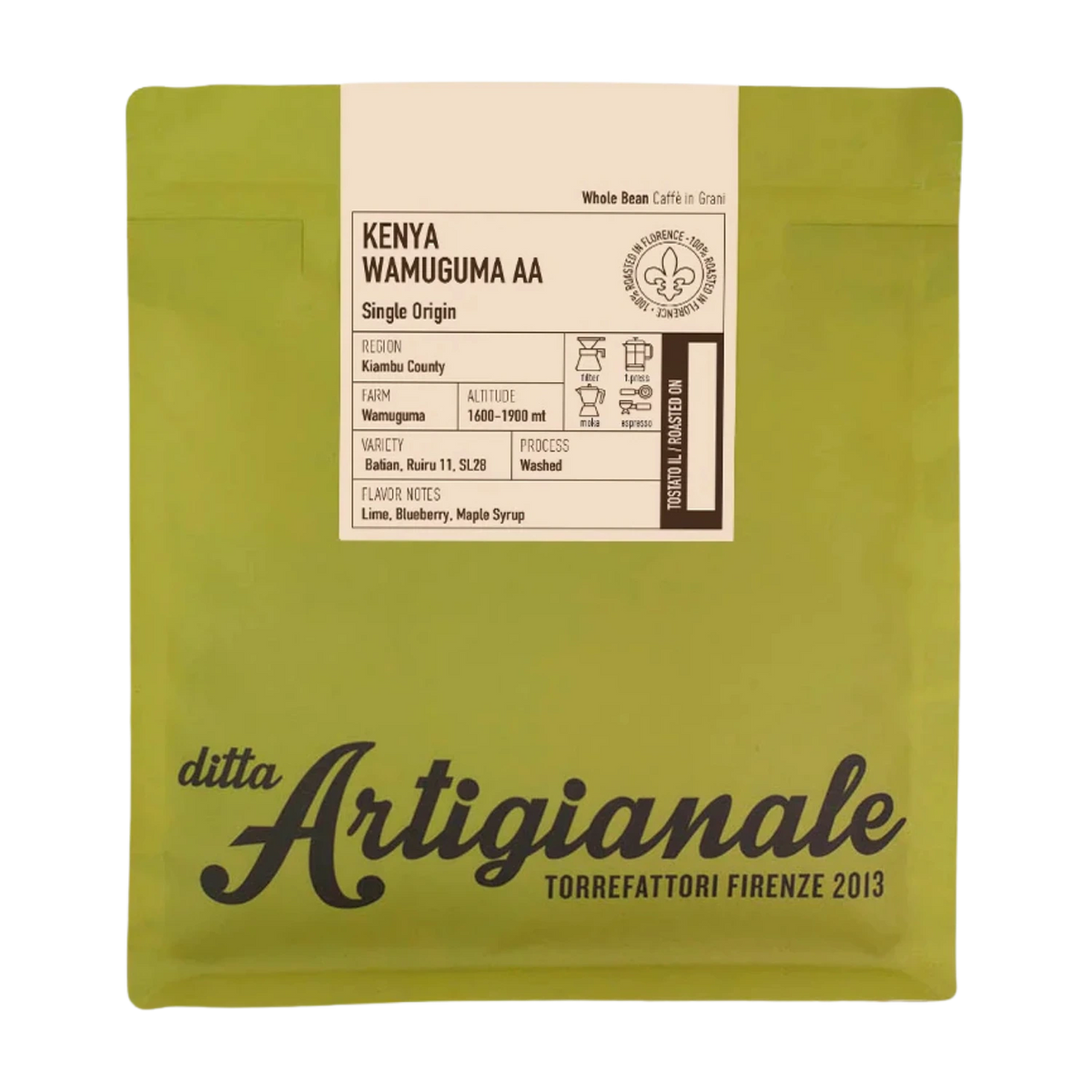 A package of Ditta Artigianale Kenya Wamuguma AA single-origin coffee, featuring a matte olive green bag with a cream-colored label and black text.