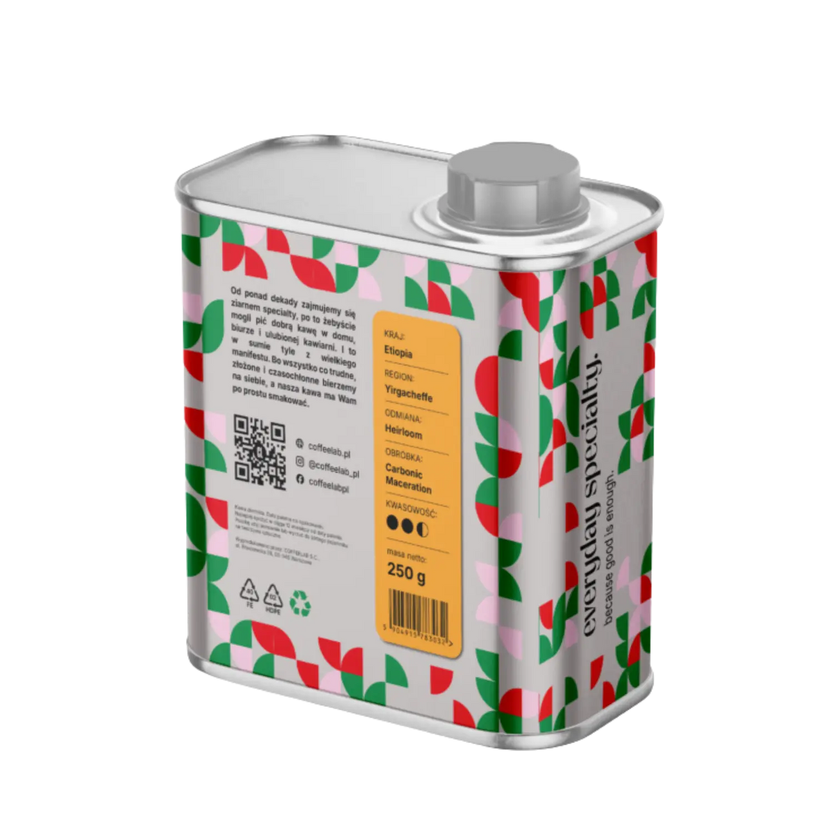 Side view of CoffeeLab Ethiopia specialty coffee metal tin with colorful geometric pattern and "everyday specialty" slogan