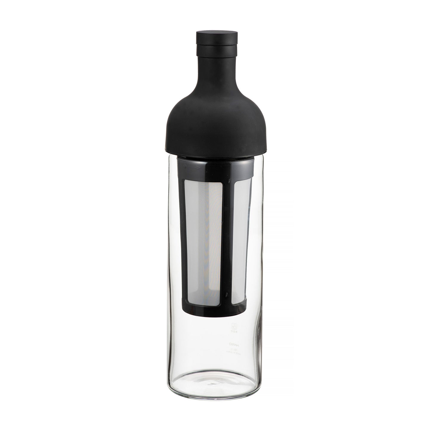 Clear Hario Cold Brew glass bottle with black lid and interior filter on a white background