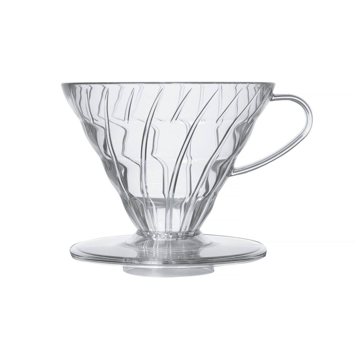 Hario V60-02 genomskinlig kaffedripper i plast på vit bakgrund
