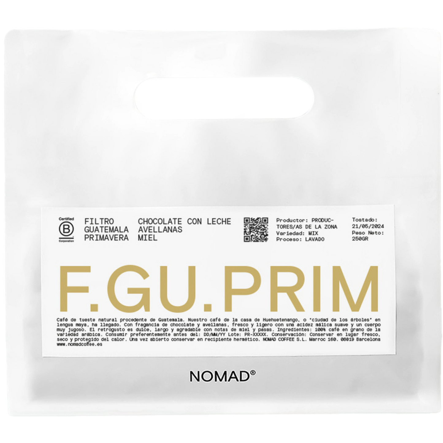 White Nomad Coffee bag Guatemala Primavera Filter 250g with large gold F.GU.PRIM text