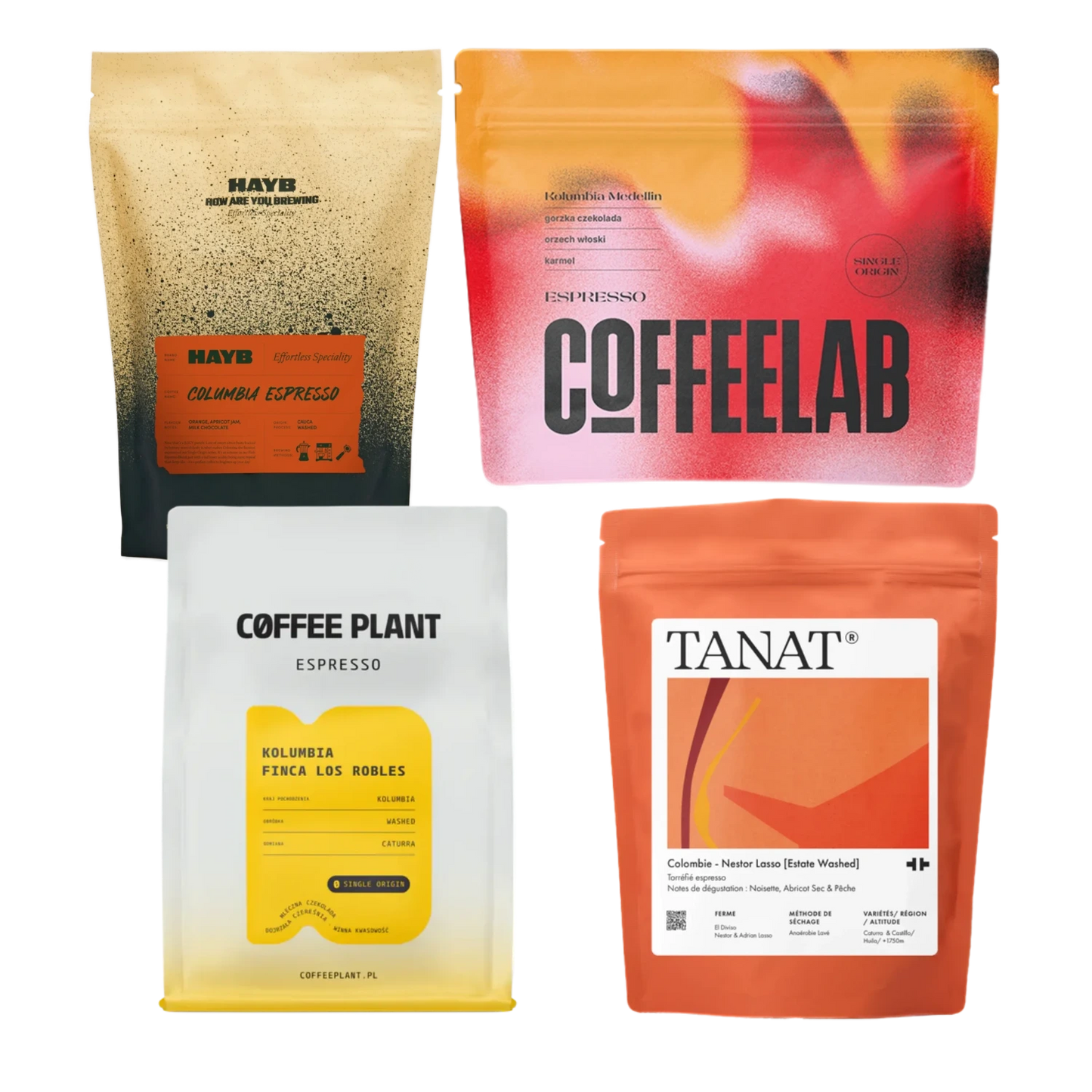 Fyra kaffeförpackningar med olika design på vit bakgrund