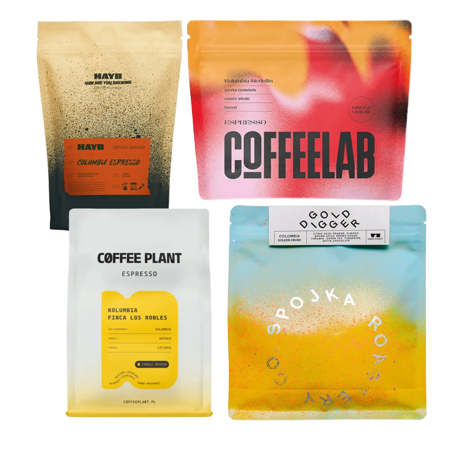 Four coffee packages with different designs on a white background