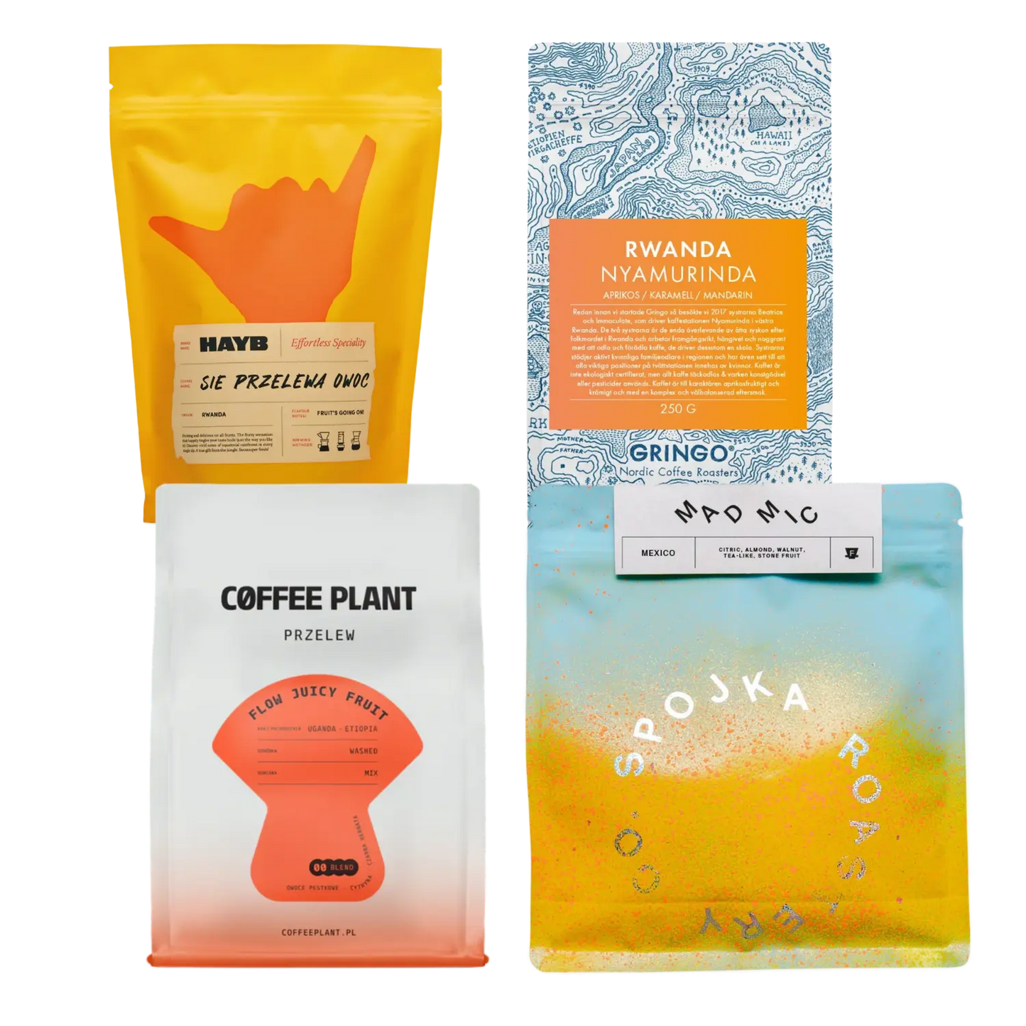 Four coffee packages with different designs on a white background