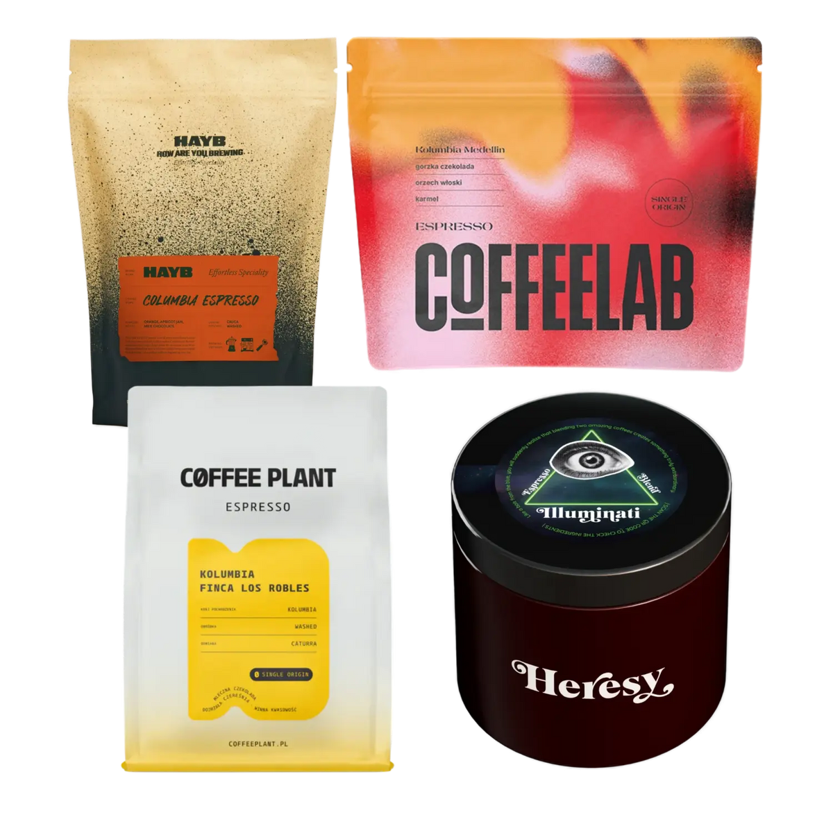 Four coffee bags from different brands on a white background