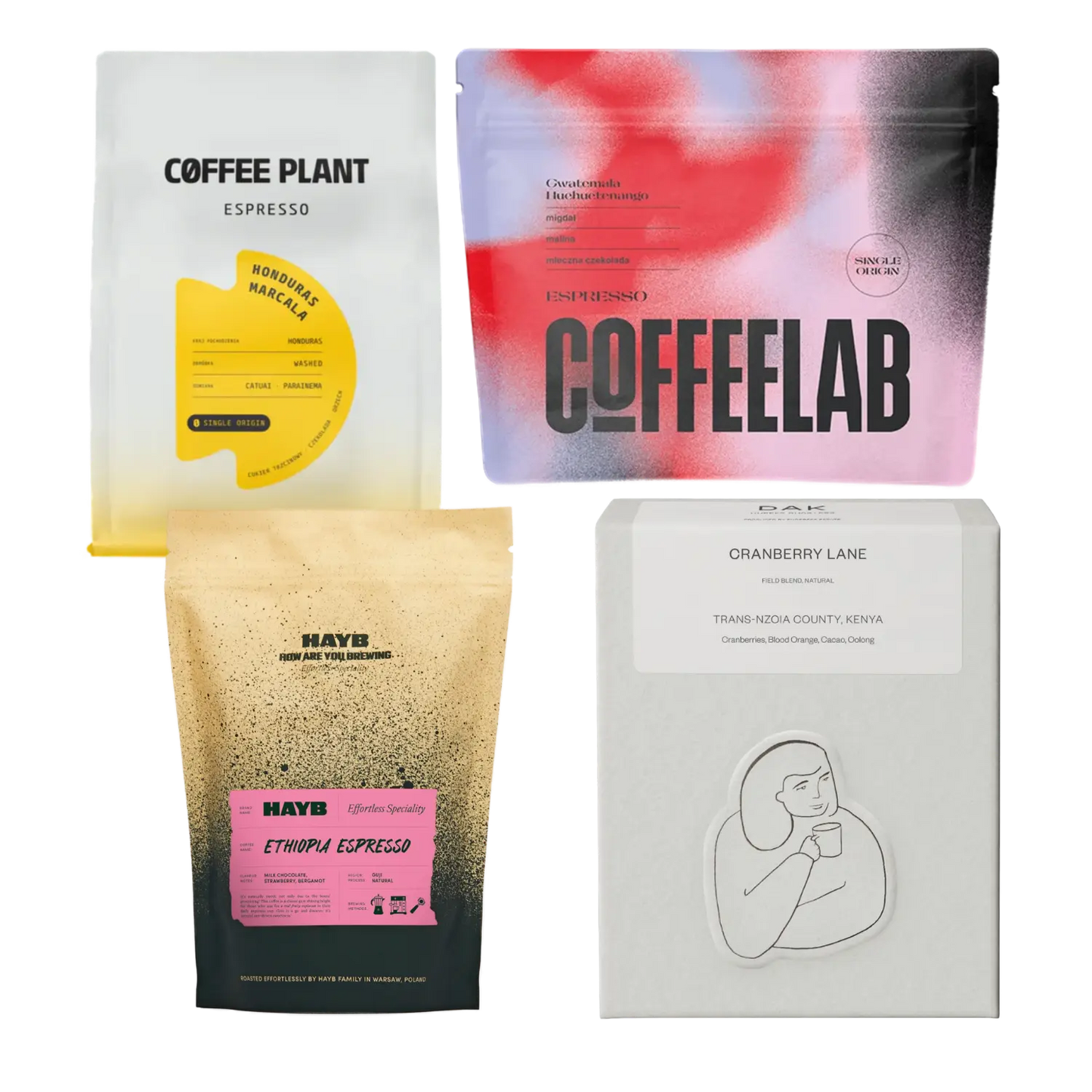 Four coffee bags from different brands on a white background