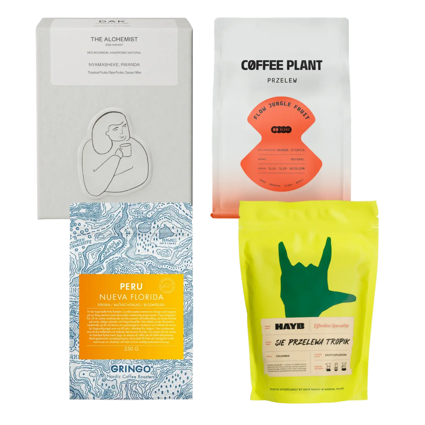 Four coffee bags from different brands on a white background