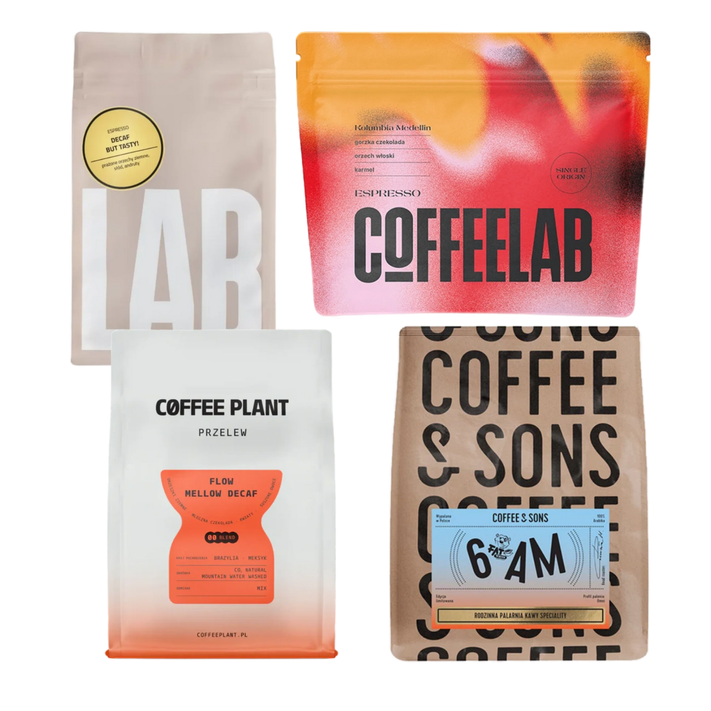 Four coffee bags from different brands on a white background