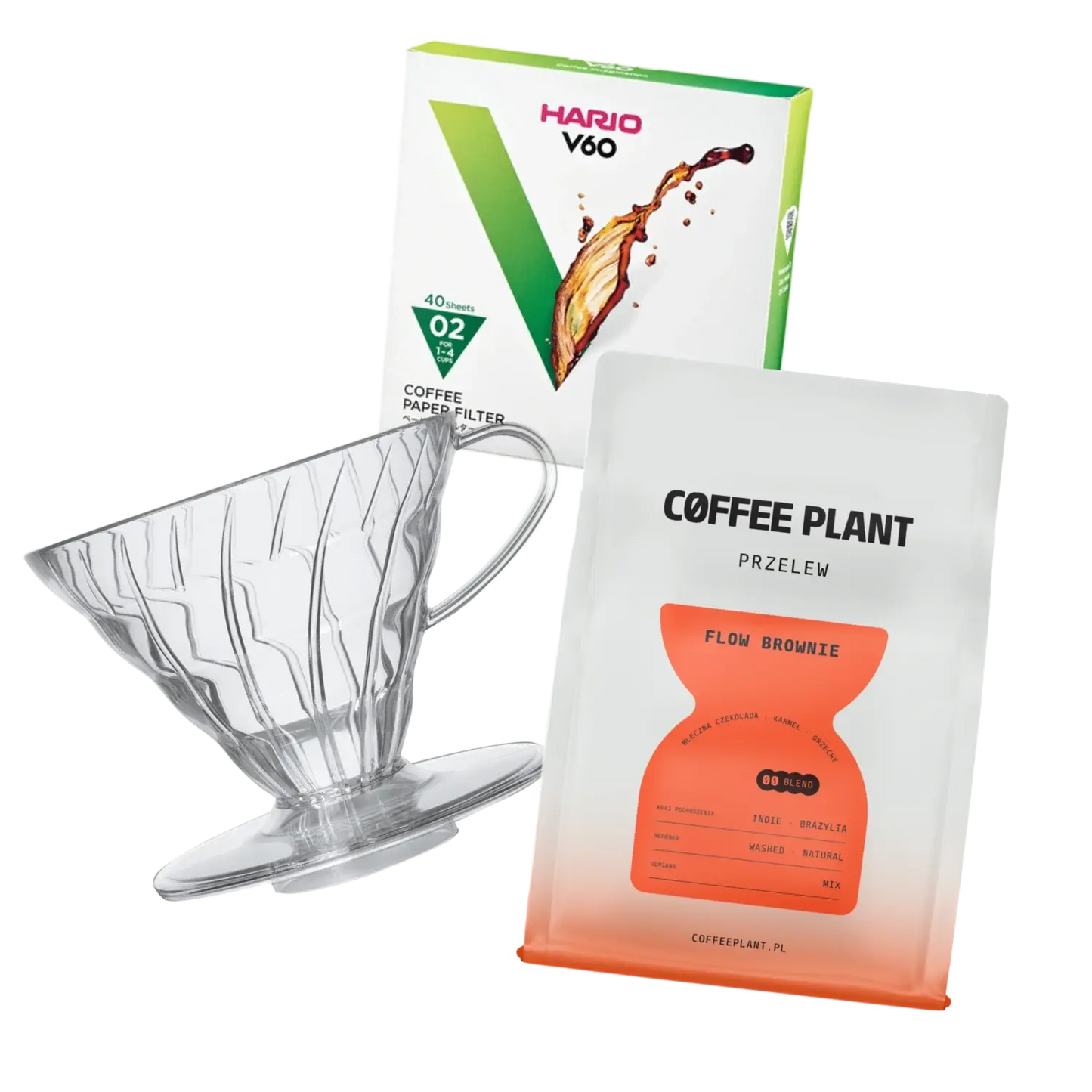 Plastic transparent Hario Dripper size 2, COFFEE PLANT Flow Brownie coffee bag and Hario paper filters