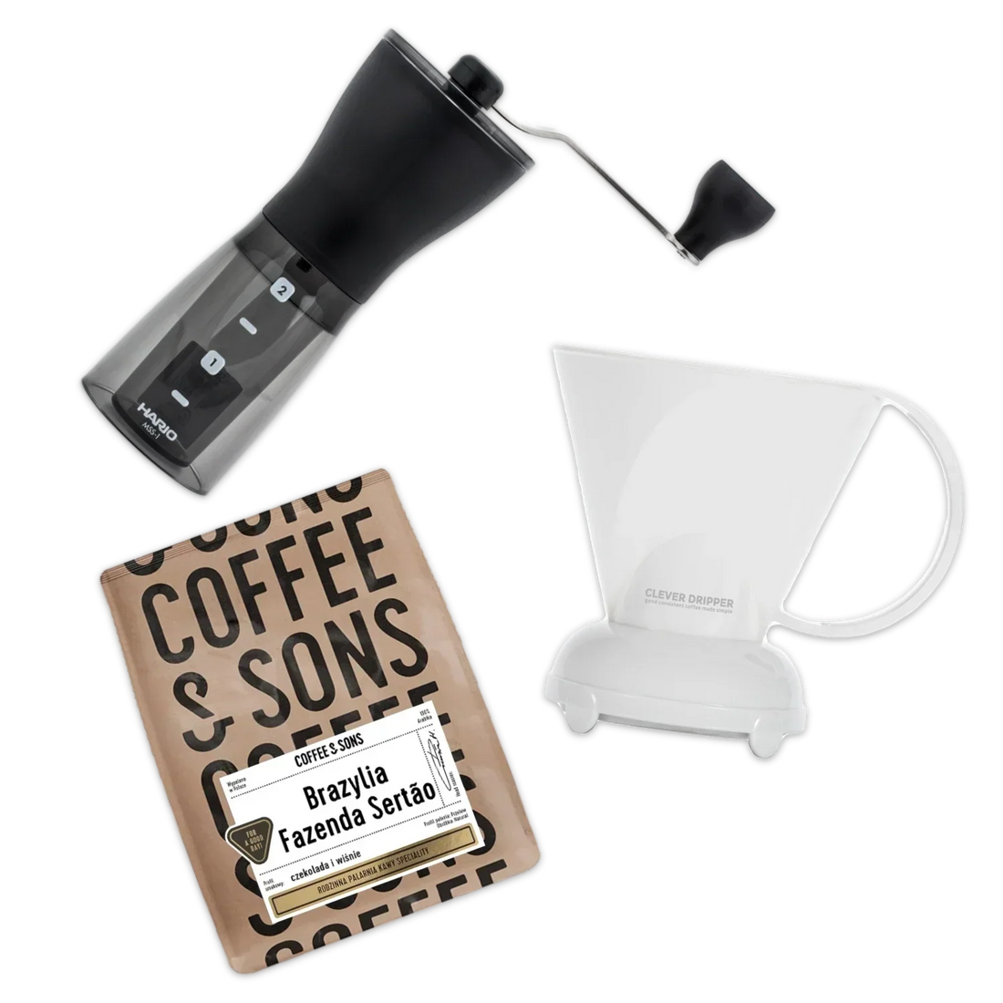 Hario coffee grinder, coffee filter, and coffee packaging on a white background