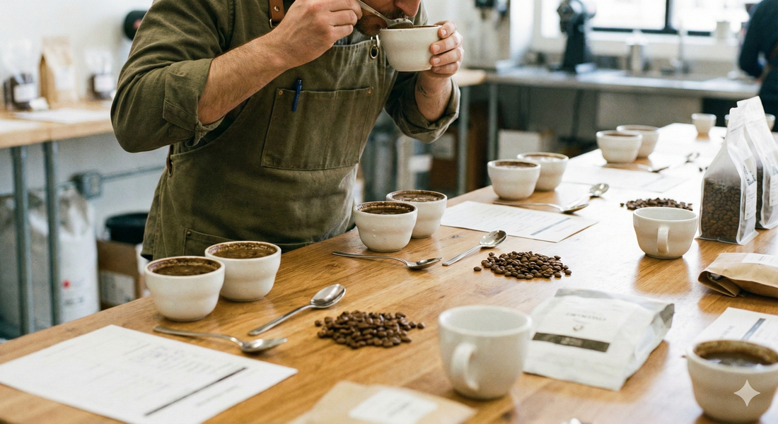  Professional coffee cupper tasting coffee from a ceramic bowl during a cupping session at a wooden lab table.