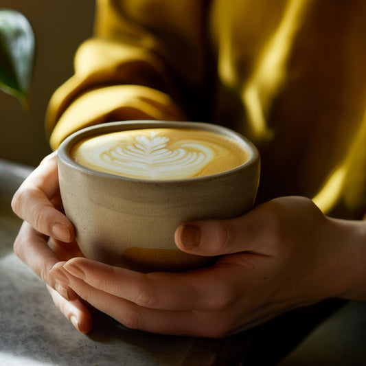 En person som håller en keramikskål med latte och Rosetta-lattekonst med båda händerna.