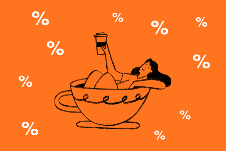 Line-art illustration of a woman relaxing in a giant coffee cup on an orange background with floating percentage symbols.