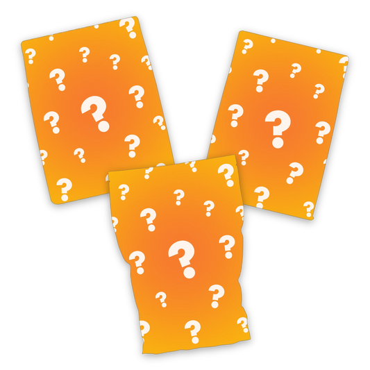 Three orange coffee bean bags with white question marks on a white background